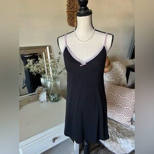 Madrag black ribbed babydoll pink strap mini slip dress nighty pjs small